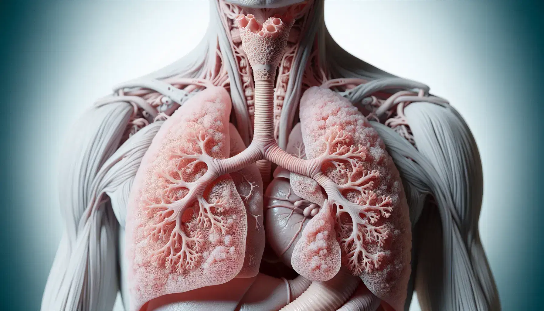 Vista detallada del sistema respiratorio humano con pulmones rosados, tráquea blanca y laringe gris en fondo claro, sin texto ni distracciones.