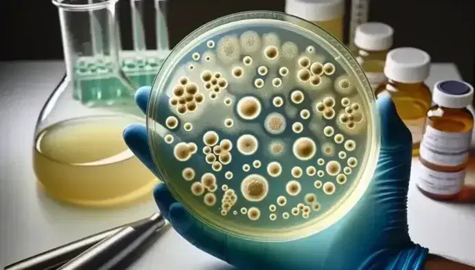 Bacterial culture on agar plate with colonies in various shades of cream and light brown, laboratory background with scientific material.