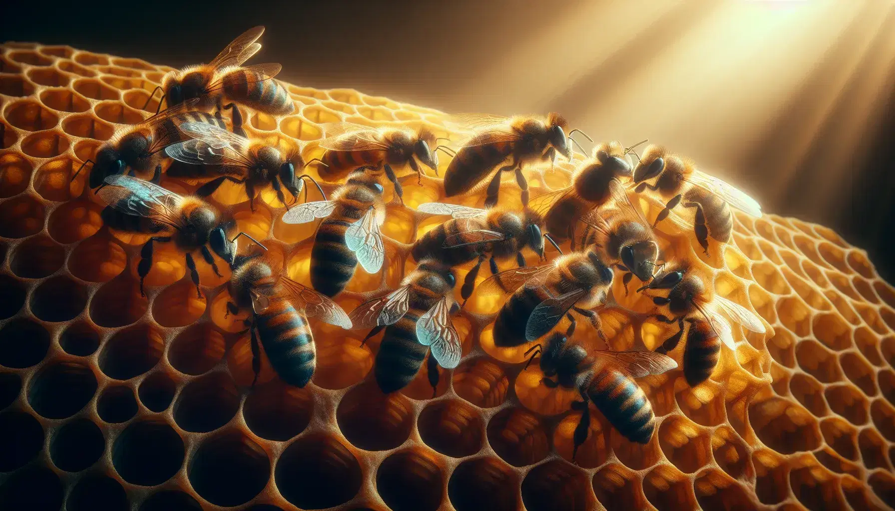 Abejas con cuerpos segmentados en panal de cera amarillo dorado, algunas con polen en las patas, sobre celdas hexagonales con miel ámbar bajo luz suave.