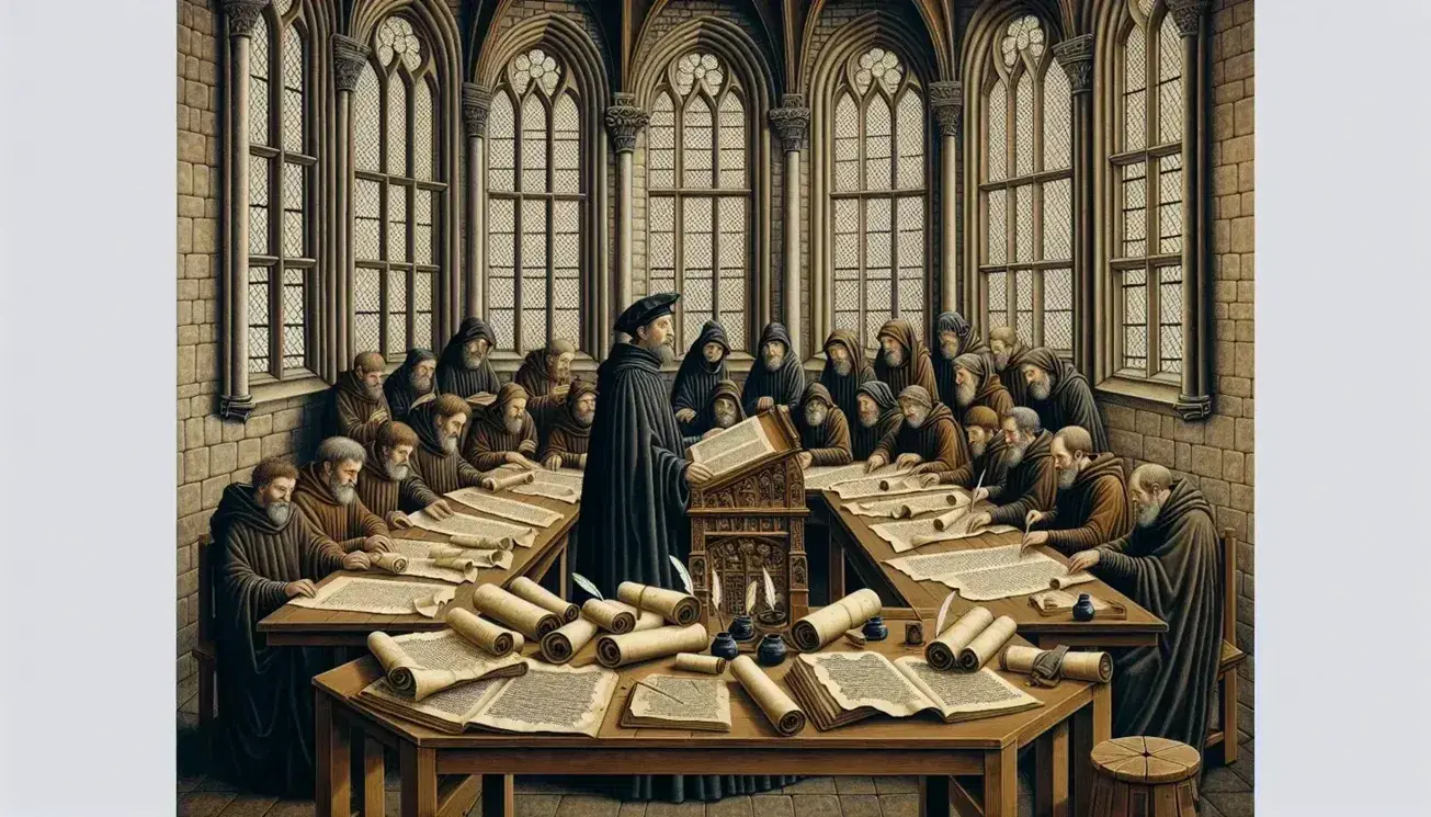 Aula medievale con studenti concentrati su pergamene, insegnante con libro, finestra ad arco, caminetto acceso e globo su sgabello.