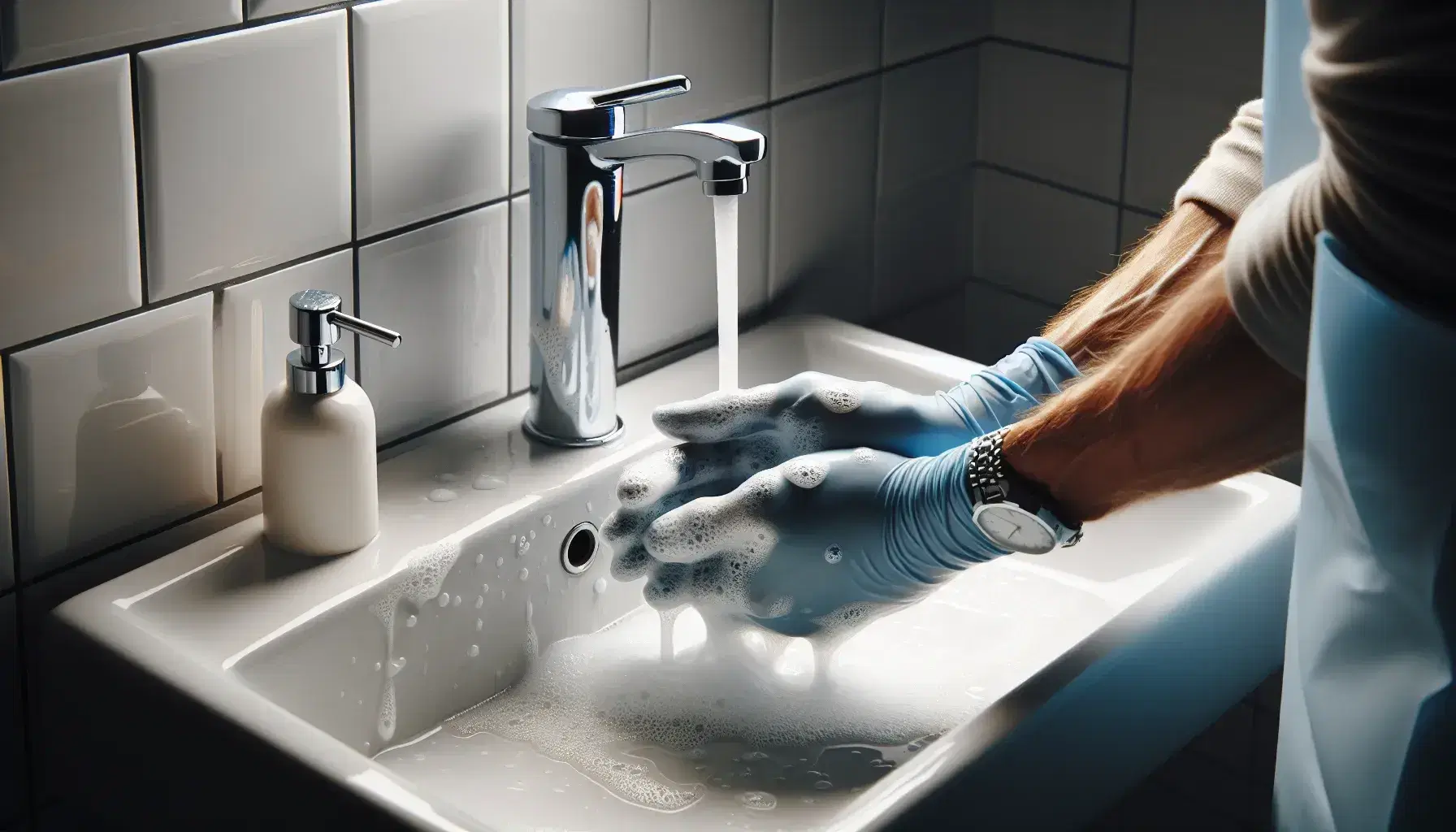 Manos con guantes de látex azules lavándose con jabón espumoso en un lavabo de cerámica blanca, con agua fluyendo de un grifo cromado y salpicaduras visibles.