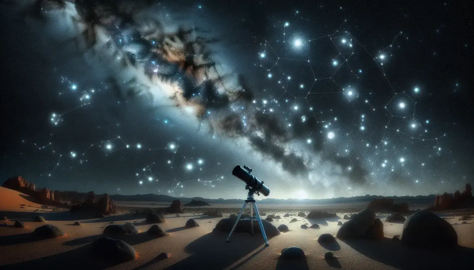 Cielo estrellado nocturno con la Vía Láctea sobre paisaje terrestre rocoso y telescopio refractor apuntando al cosmos.