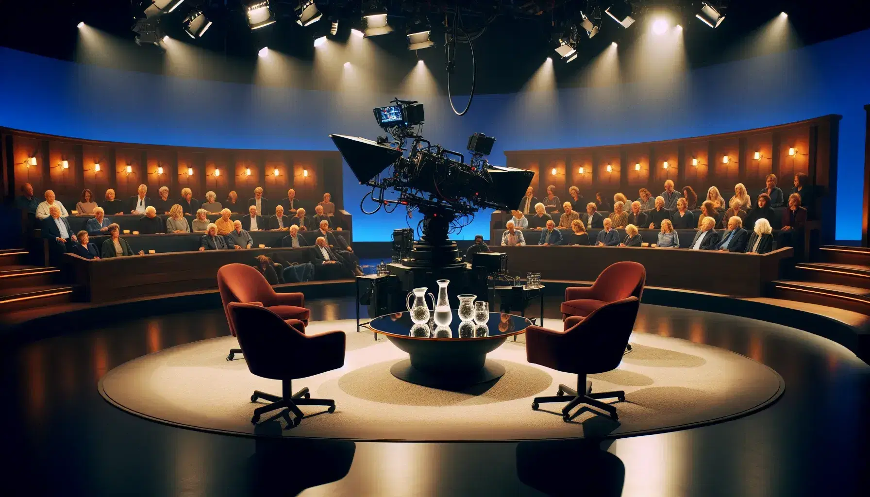 Set televisivo di un talk show con poltrone rosse, tavolo ovale in vetro, camera da presa, operatore e pubblico sulle gradinate.