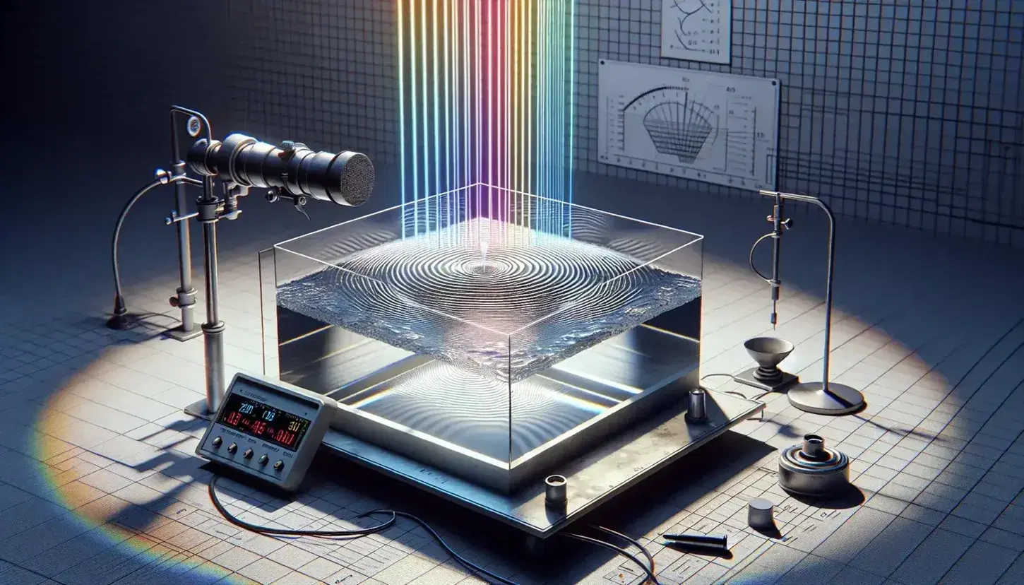 Laboratory ripple tank setup with concentric water wave patterns, a decibel meter with microphone aimed at a loudspeaker, and a prism dispersing light into a color spectrum.