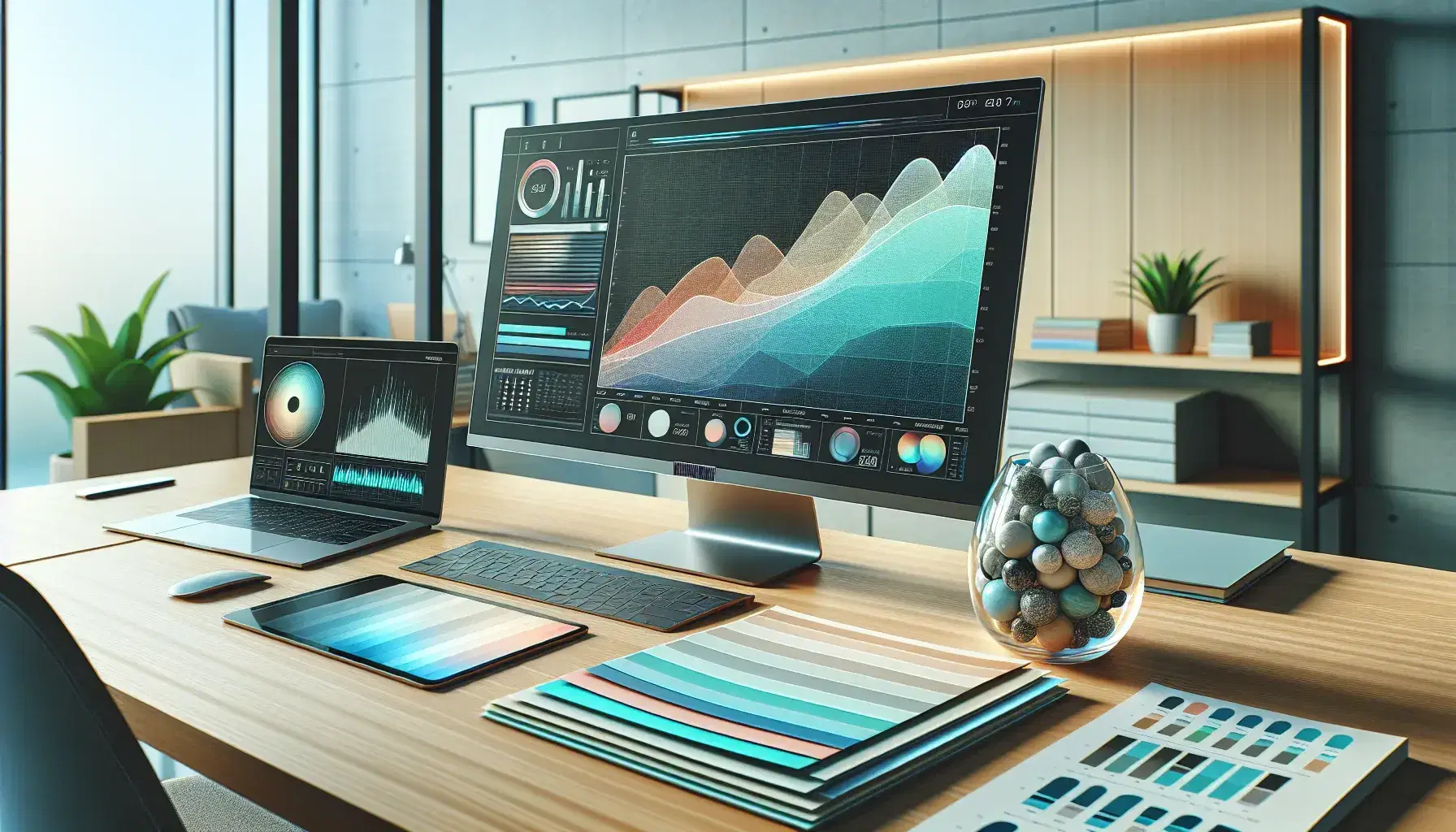 Modern office with wooden desk, silver laptop, colorful sheets, decorative stones, tablet with growing graph and green plant.
