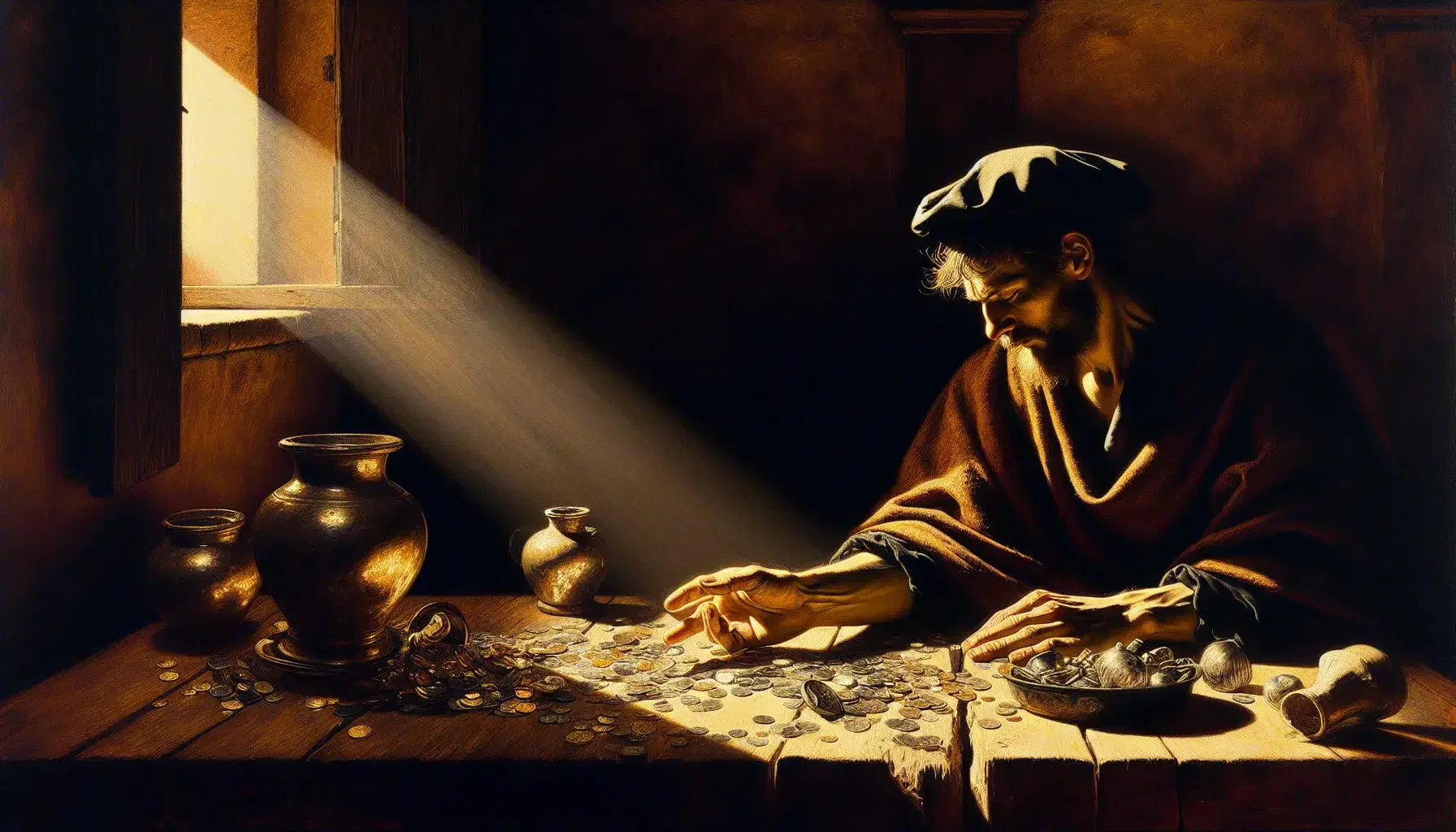 Scena del "Chiamata di San Matteo" di Caravaggio con uomo illuminato da luce naturale, dettagli in rilievo su abiti e oggetti metallici su tavolo.