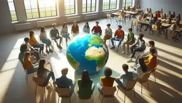 Grupo diverso de estudiantes sentados en círculo alrededor de un globo terráqueo en aula iluminada naturalmente, participando en una discusión colaborativa.