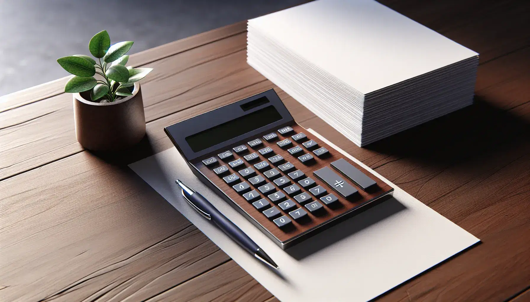 Escritorio de madera oscura con calculadora gris, papeles blancos apilados, bolígrafo azul y planta verde en maceta de terracota.
