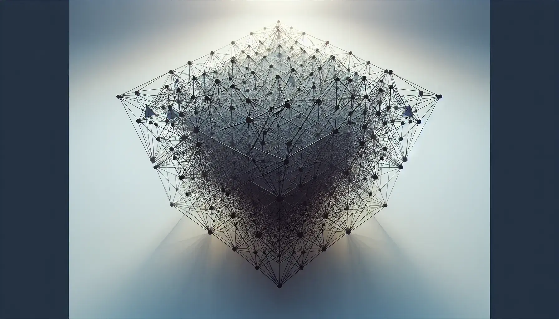 Three-dimensional wireframe sculpture of interconnected triangles against a gradient blue to white background, highlighting a complex geometric form.
