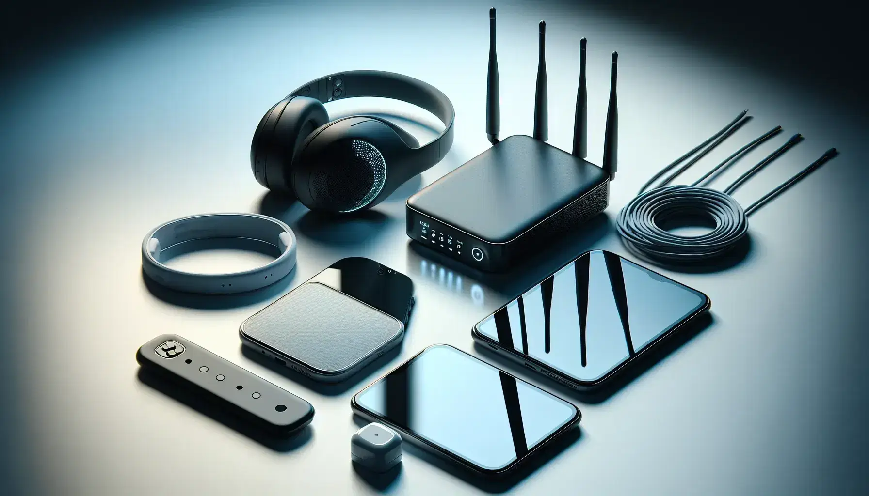 Colección de dispositivos electrónicos con smartphone negro, tablet, auriculares inalámbricos blancos y router con antenas, sobre superficie clara.
