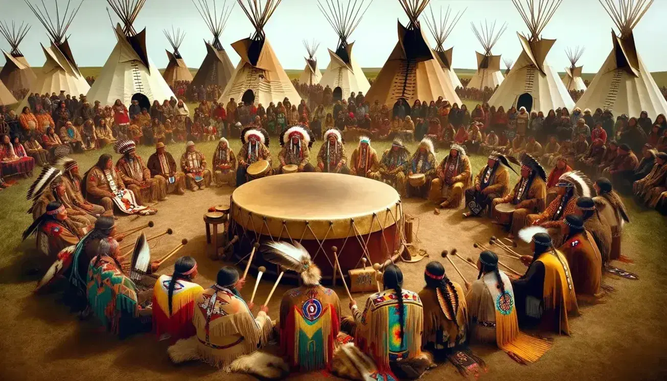 Indigenous people in traditional regalia participate in a drum circle ceremony with tepees in the background on a sunny day.