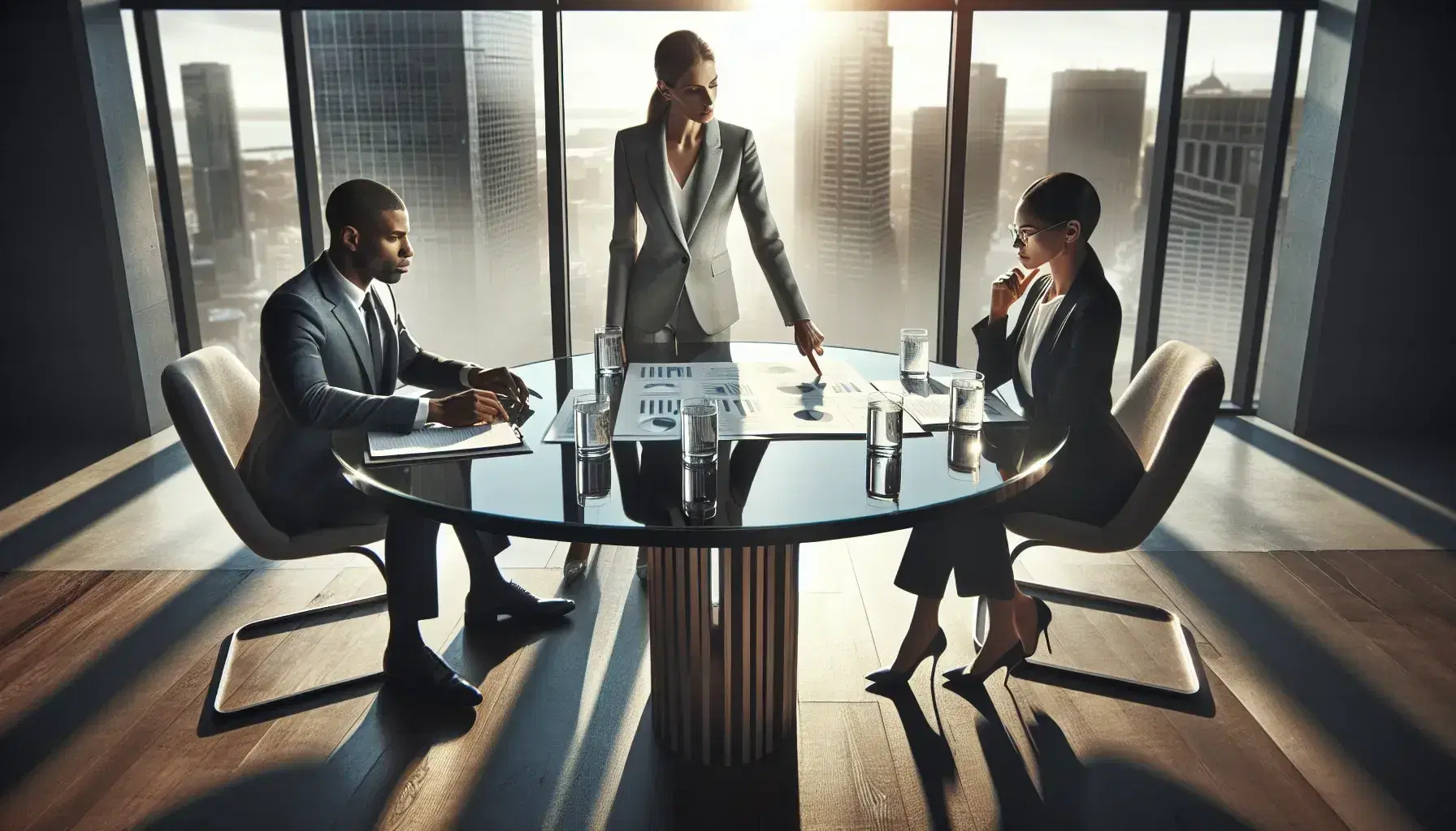 Three professionals analyze financial charts at a glass table in a bright office with a city view, reflecting teamwork and strategic planning.