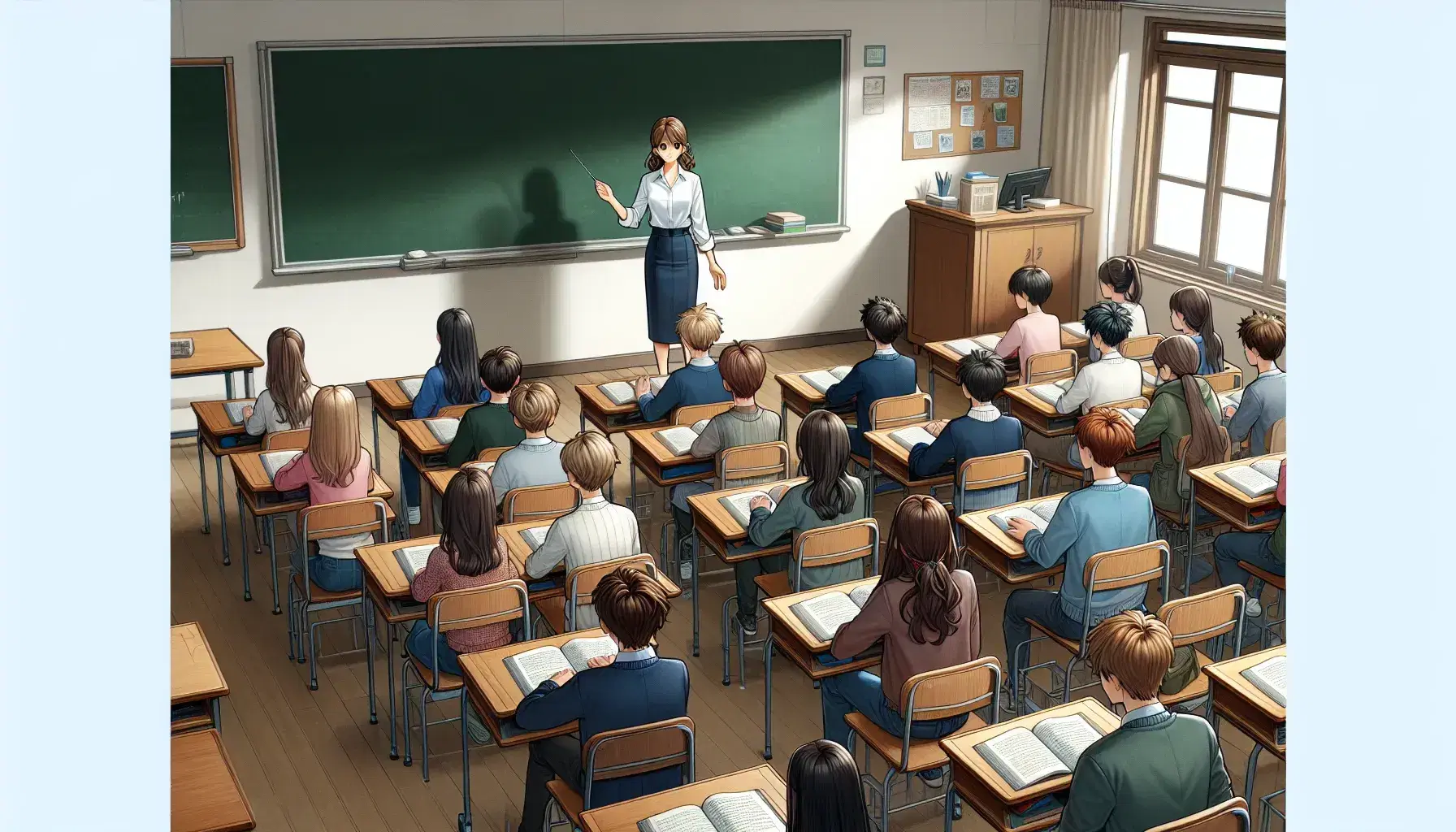 Insegnante donna spiega lezione a studenti attenti in aula scolastica luminosa con banchi in legno e finestra aperta.