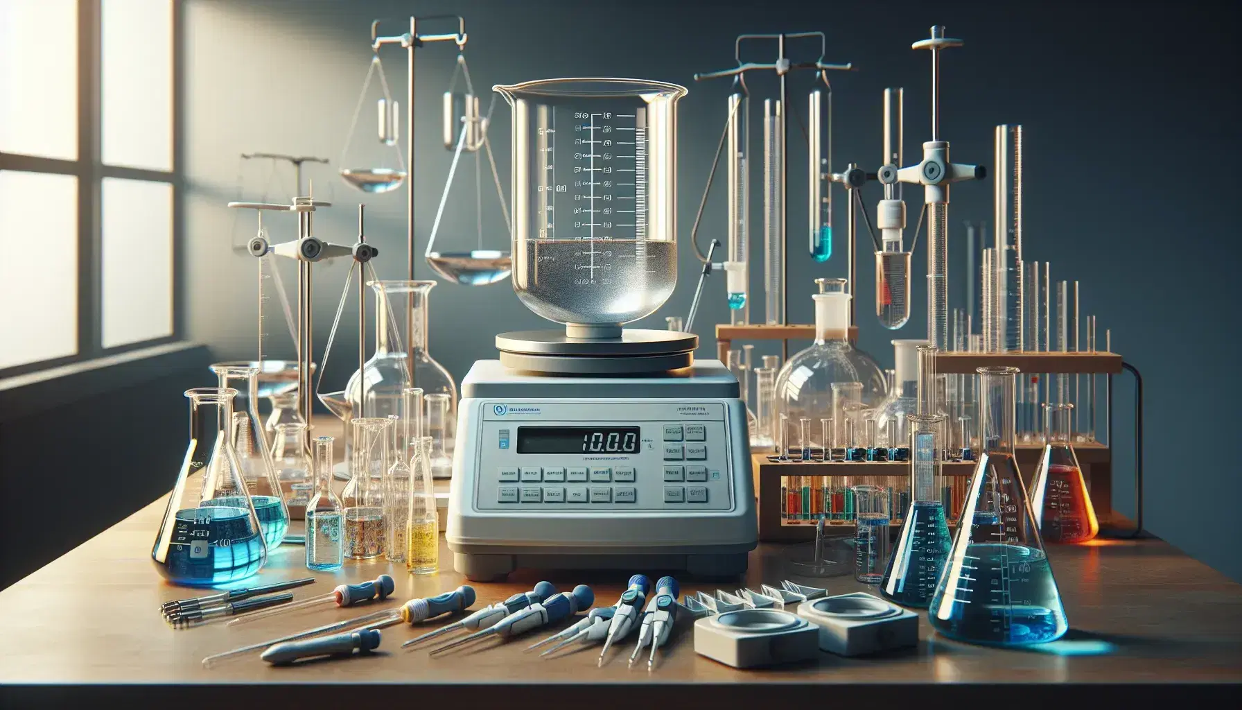 Laboratorio químico con balanza analítica digital, pipetas mecánicas y material de vidrio como Erlenmeyers con líquidos y tubos graduados.