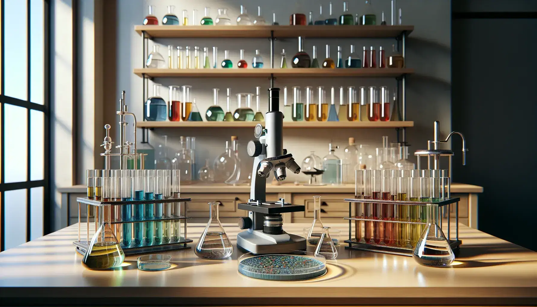 Laboratory with test tubes in a rack, a microscope, petri dish, and shelves with glassware under natural light, no people present.