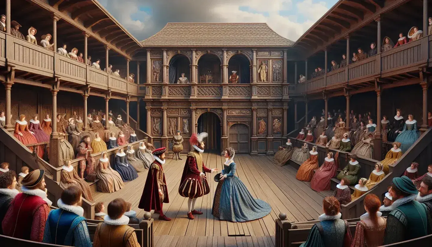 Scena teatrale elisabettiana con attori in costume d'epoca su palco in legno, pubblico assorto e cielo azzurro.