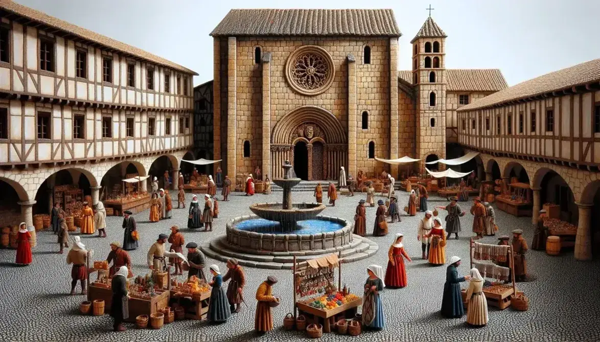 Piazza medievale animata con fontana centrale, mercanti in abiti d'epoca, chiesa romanica e uomo con bilancia sotto cielo azzurro.
