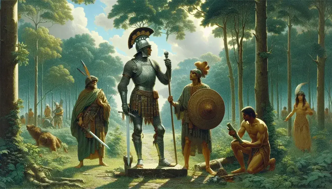 Tres figuras históricas en un bosque, una con armadura y casco con pluma sosteniendo espada y escudo, otra con rollo y la tercera arrodillada, bajo un cielo parcialmente nublado.