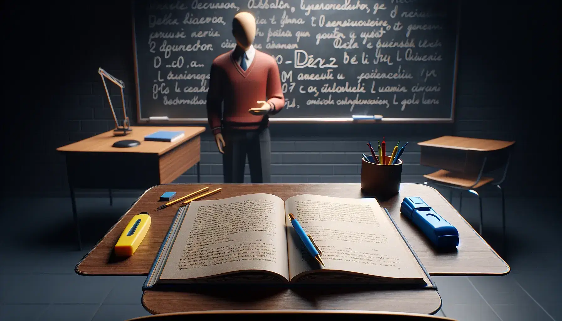 Classroom scene with a teacher in red explaining near a blackboard, students at desks with textbooks, a globe on a stand, and windows with white curtains.