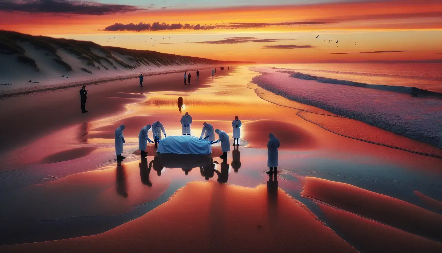 Atardecer en la playa con cielo anaranjado y rosa, personas en ropas blancas alrededor de un objeto cubierto en la orilla, y observadores en actitud de duelo.