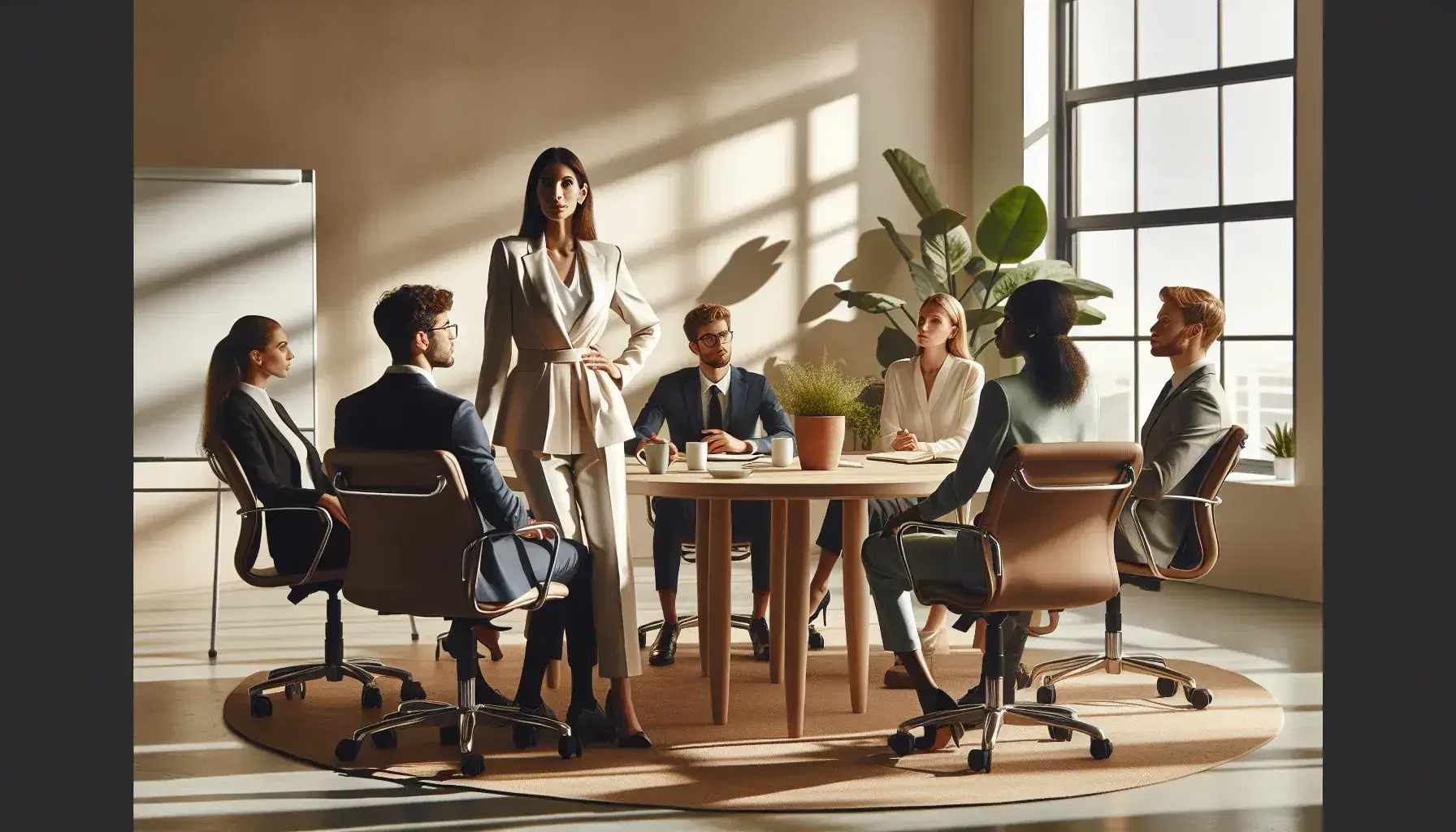 Grupo diverso de profesionales en reunión de trabajo con mujer líder de pie en oficina iluminada naturalmente, con plantas y mesa ovalada.