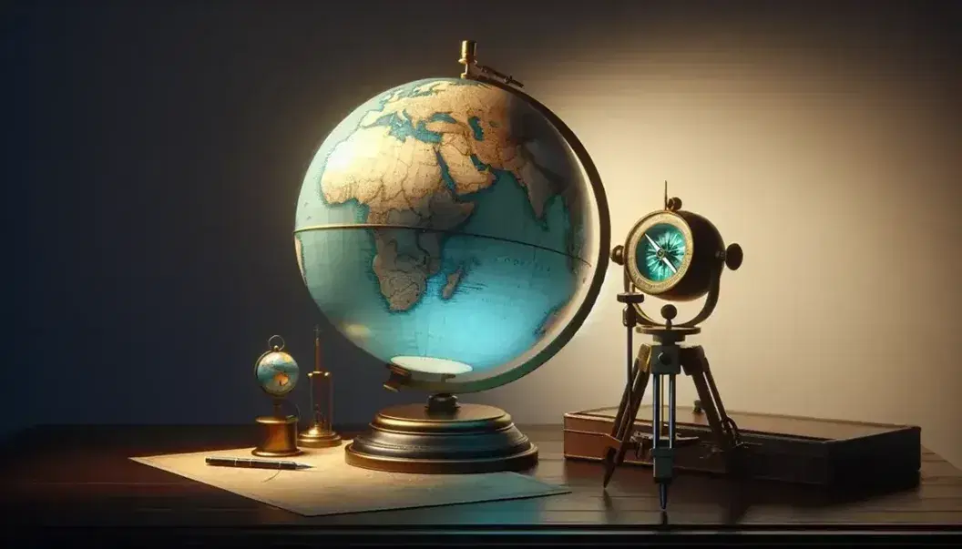 Globo terráqueo iluminado en tonos azules y verdes sobre soporte de madera, brújula antigua y teodolito de latón en mesa oscura frente a pared crema.