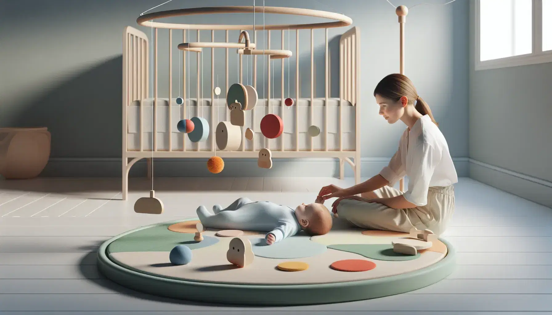 Peaceful scene in a nursery with newborn on green carpet, colorful mobile above and caregiver helping to pick up an orange ball, crib and plant in soft light.
