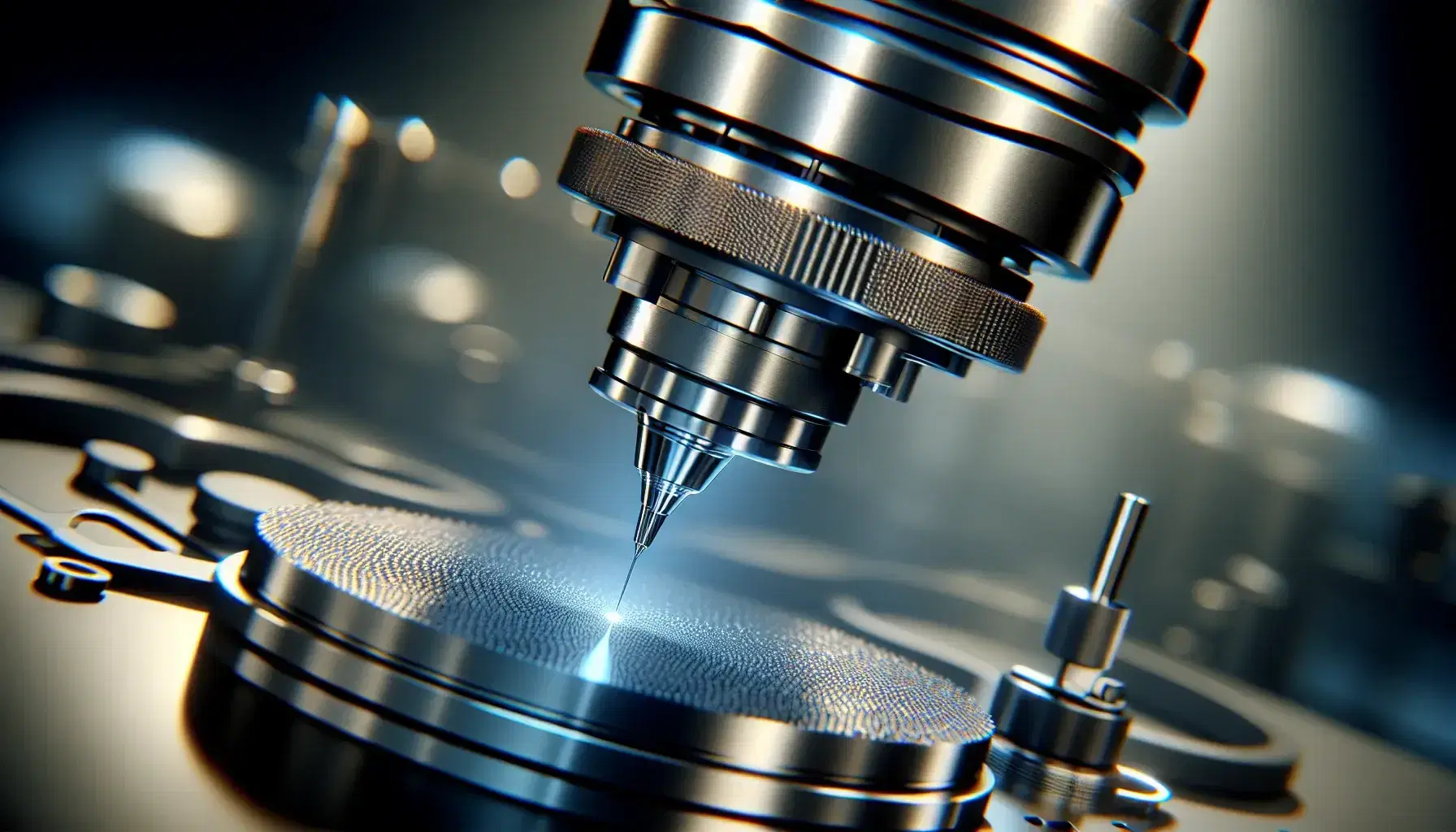 Scanning tunneling microscope in operation in laboratory, with sharp probe near reflective surface, defocused controlled environment.