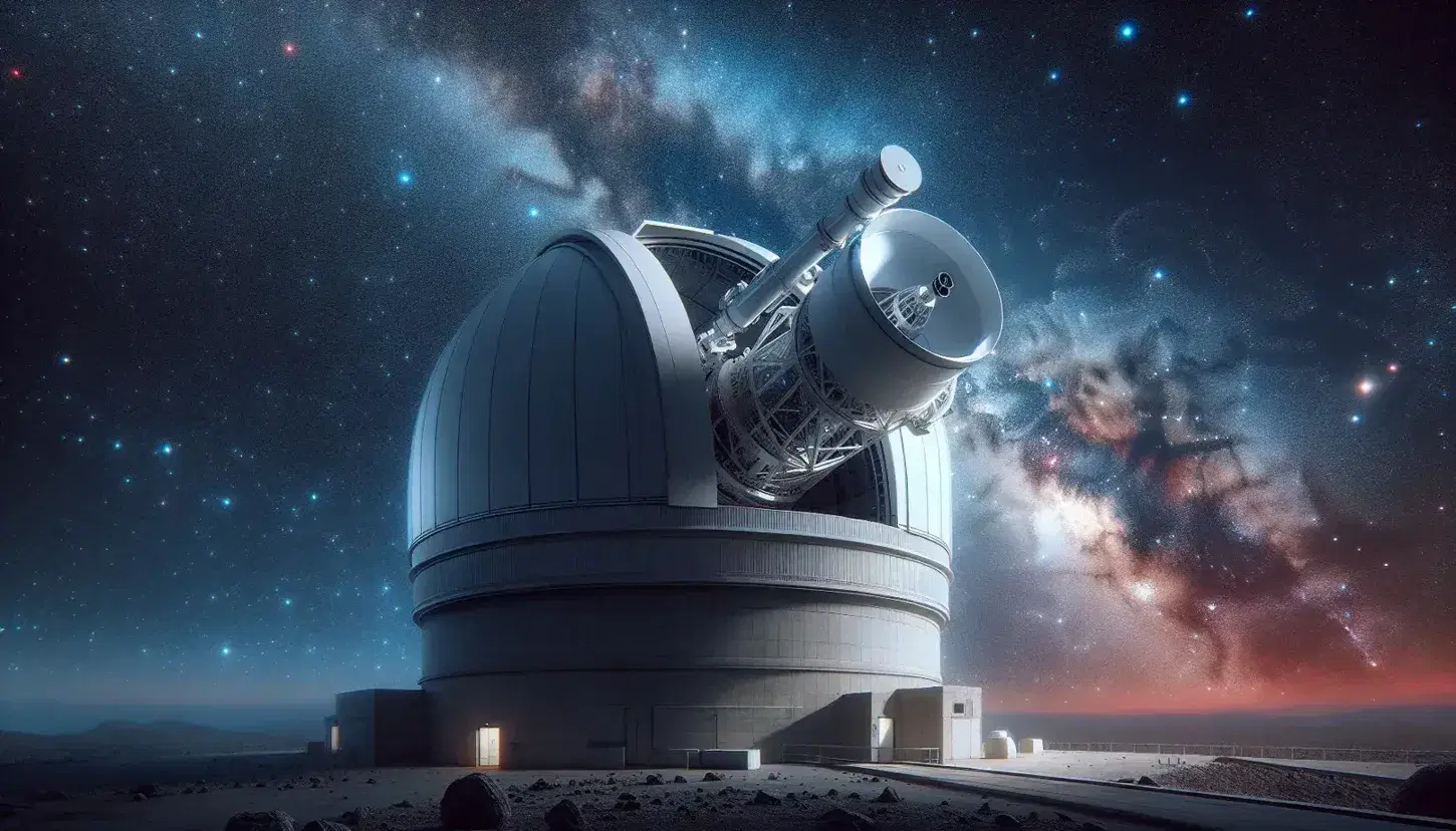 Telescopio reflector grande en observatorio astronómico apuntando al cielo nocturno estrellado con cúpula abierta y tonos azules y rojos.