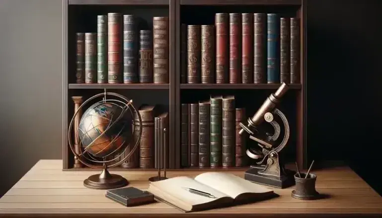 Estantería de madera oscura con libros de tapa dura y esfera armilar metálica junto a un microscopio antiguo sobre una mesa con cuaderno abierto y pluma.