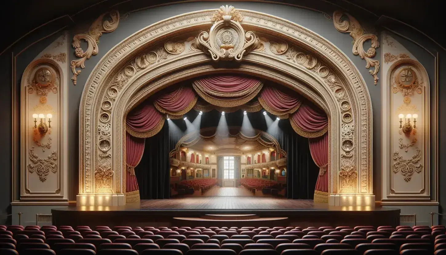Vista frontal del proscenio en un teatro clásico con arco ornamentado en dorado, escenario de madera y cortinas rojas a los lados bajo luces enfocadas.