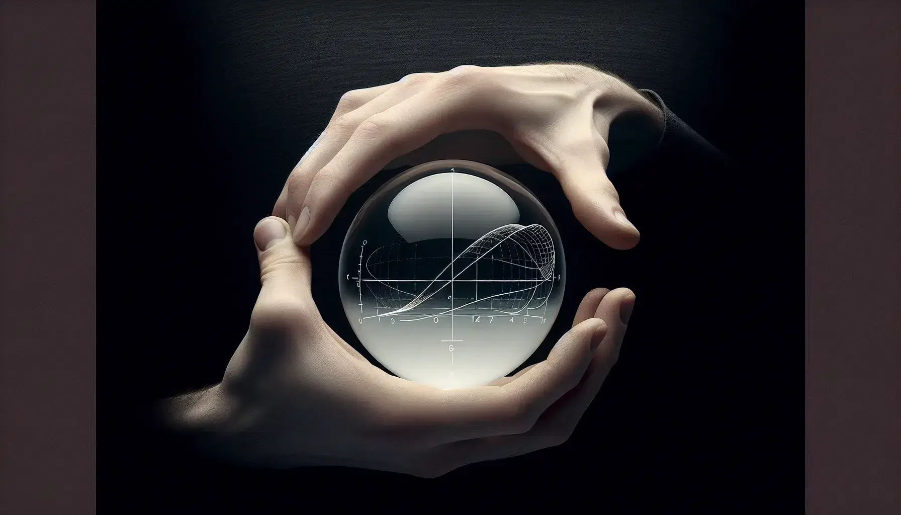 Hands holding a glass sphere with an inverted graph refracted inside, against a stark black background, highlighting light refraction and distortion.