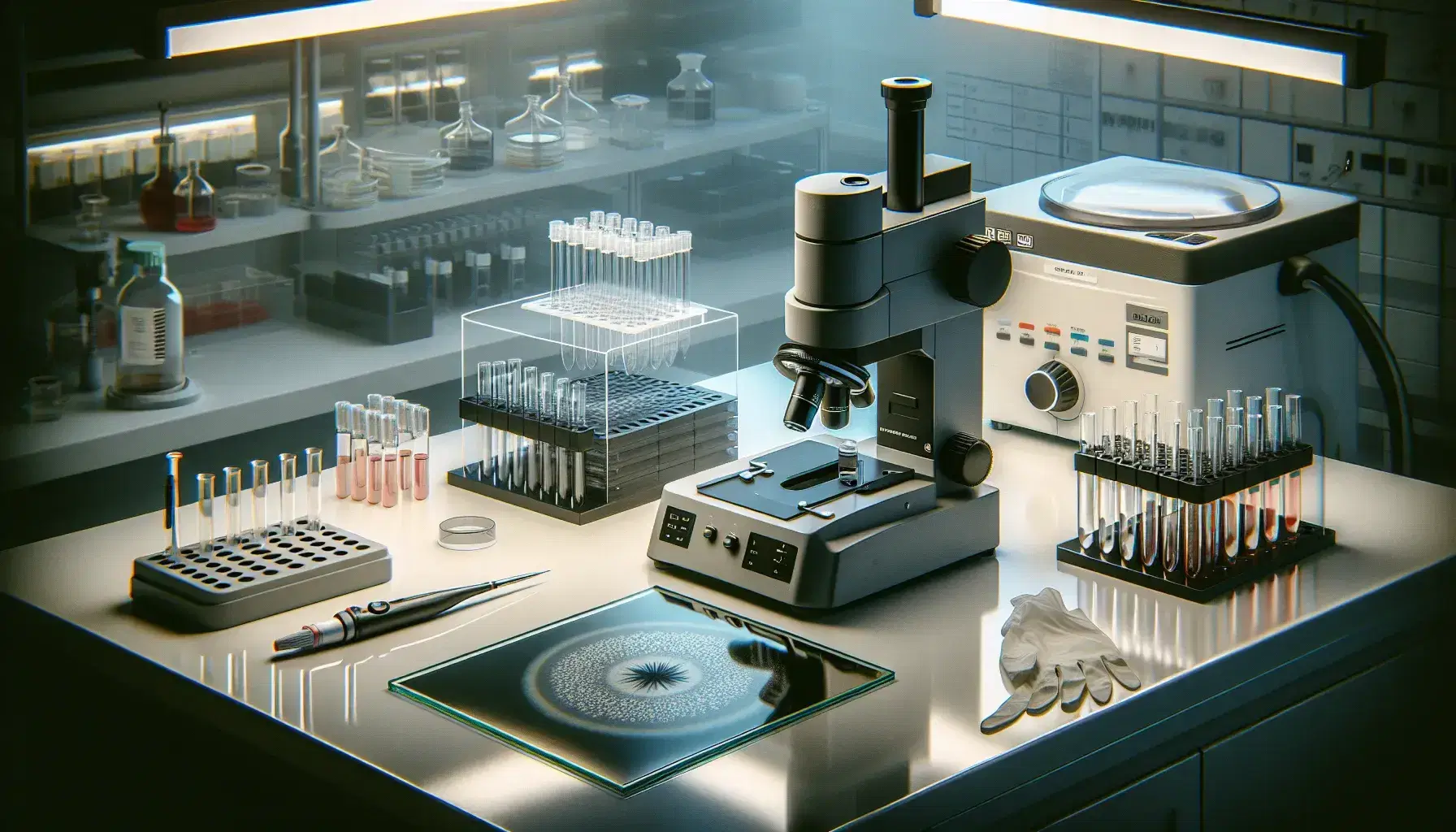 Laboratorio scientifico con microscopio elettronico, pipetta automatica, provette colorate, centrifuga e Petri con agar.