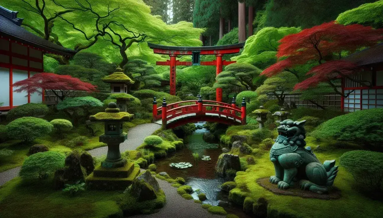 Giardino giapponese con ponticello rosso, ruscello, piante verdi, torii parziale, statua di komainu e lanterna tōrō sotto cielo azzurro.