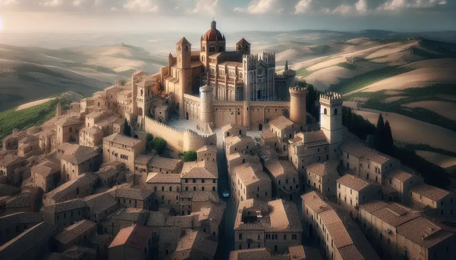 Veduta aerea di città medievale italiana con cattedrale centrale, tetti rossi, strade strette, mura e torri su colline verdi.
