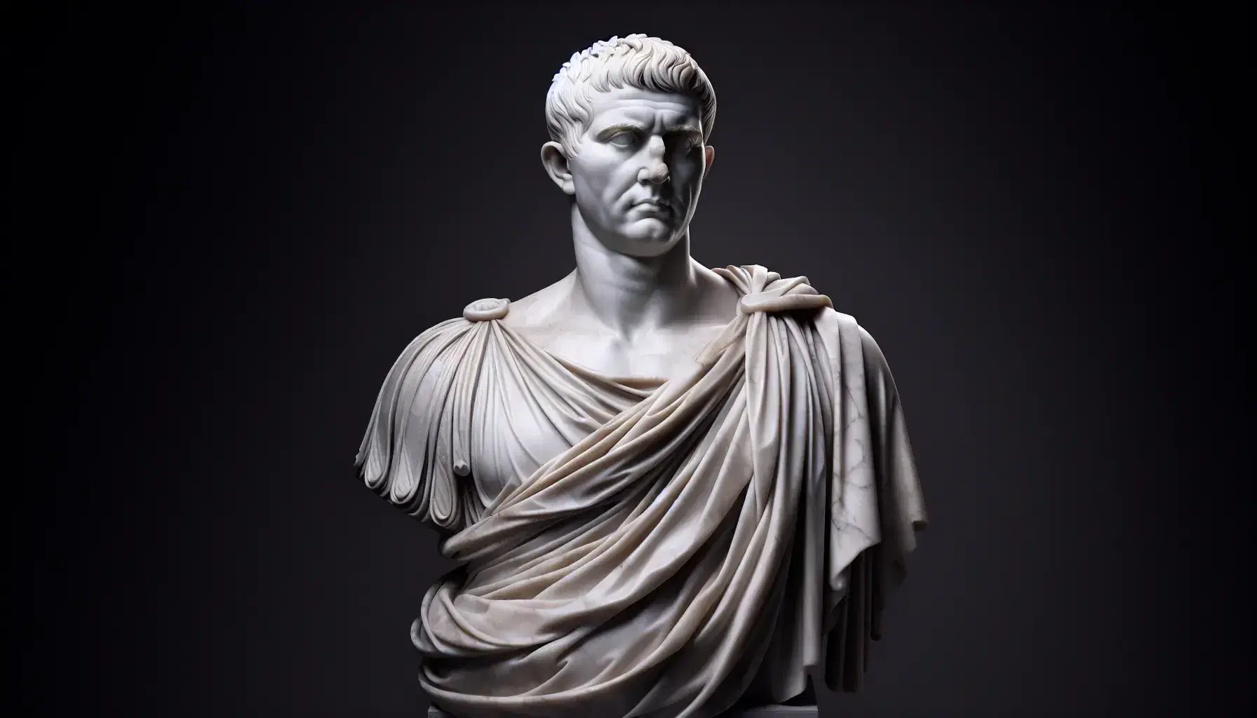 Statua in marmo bianco dell'imperatore romano Vespasiano in toga, con posa eretta e dettagli accurati del volto e capelli, su piedistallo grigio.