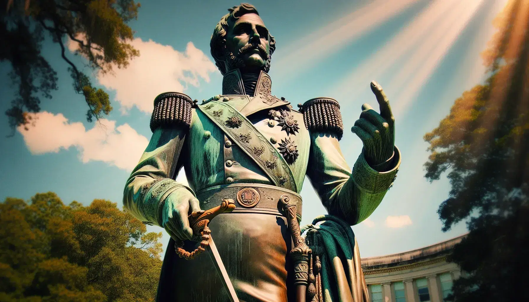 Bronze statue of an early 19th-century military figure with a sword, gesturing to an unseen audience, set against a blue sky and lush greenery.