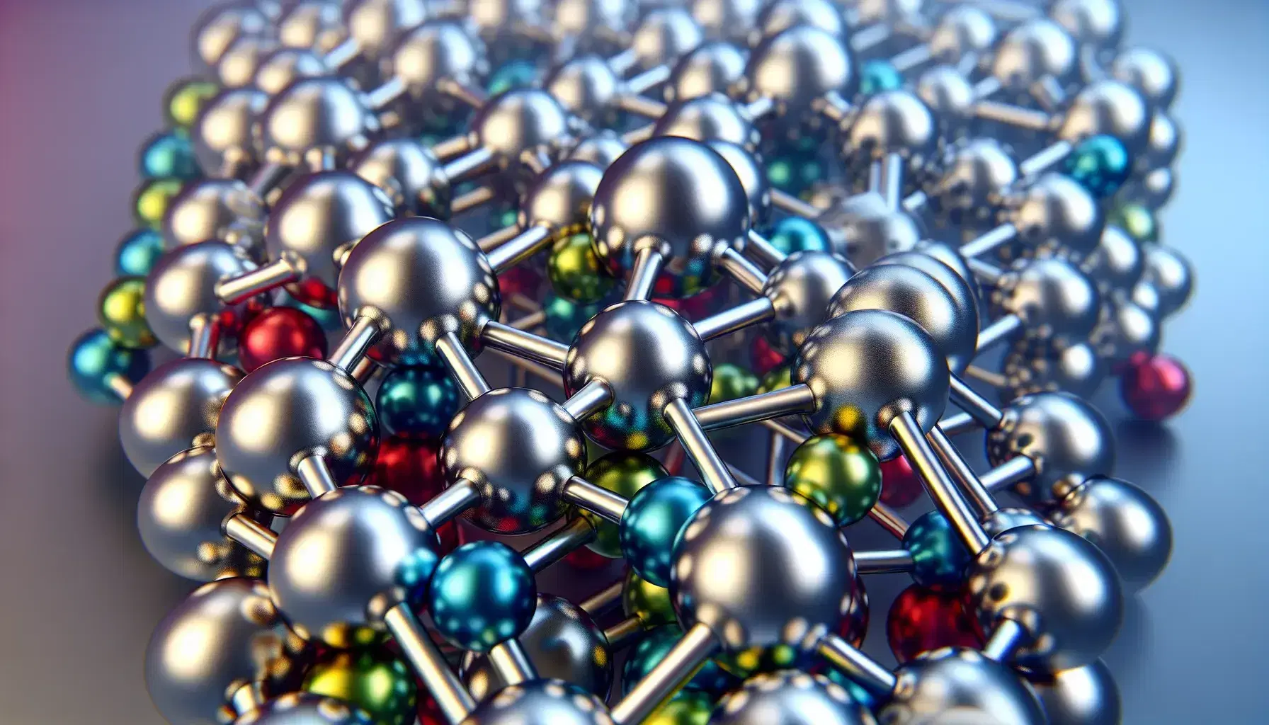 Close-up of a shiny metallic structure with spheres of various sizes and colors connected by rods, resembling a molecule.