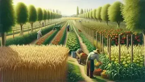 Campo agricolo rigoglioso con grano dorato in primo piano, pomodori rossi su filari, alberi da frutto e contadini al lavoro sotto un cielo azzurro.