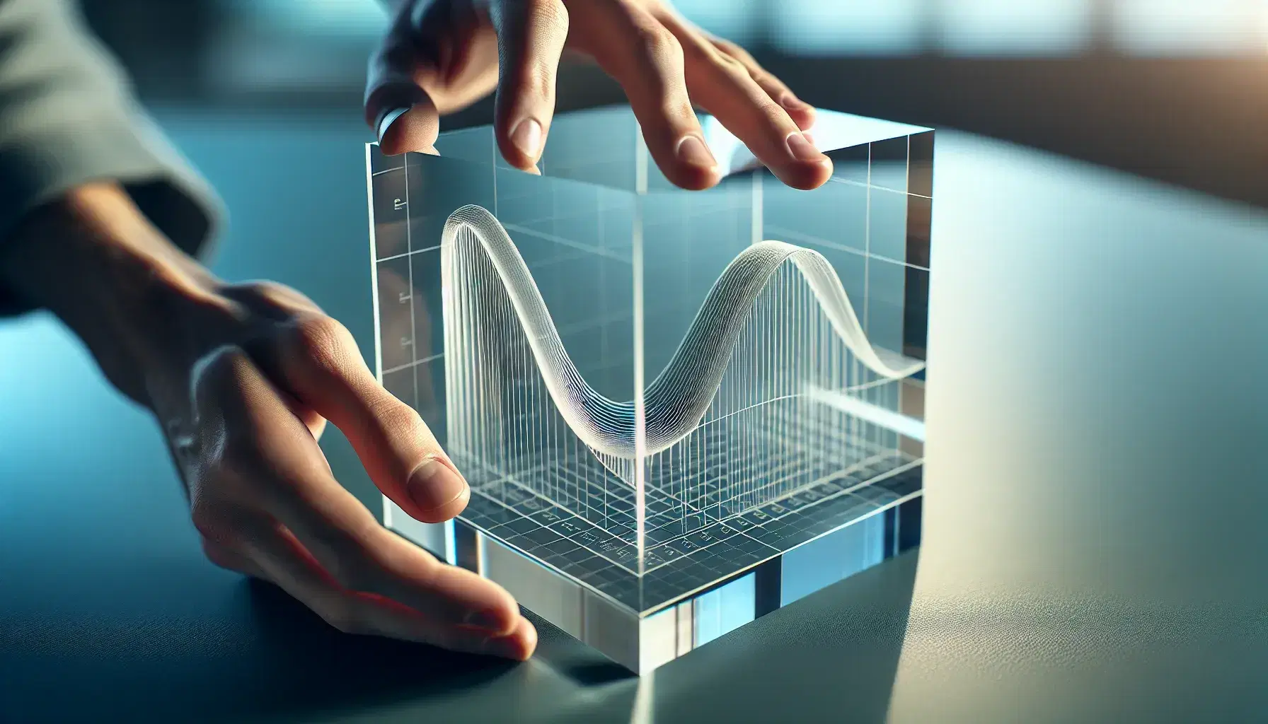 Hands holding a transparent acrylic block with a 3D bell-shaped curve model inside, against a blurred blue and green background.