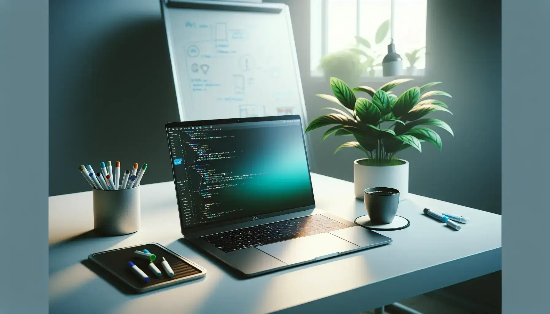 Modern web development workspace with turned on laptop, green plant, steaming coffee and blurred whiteboard on background in bright environment.