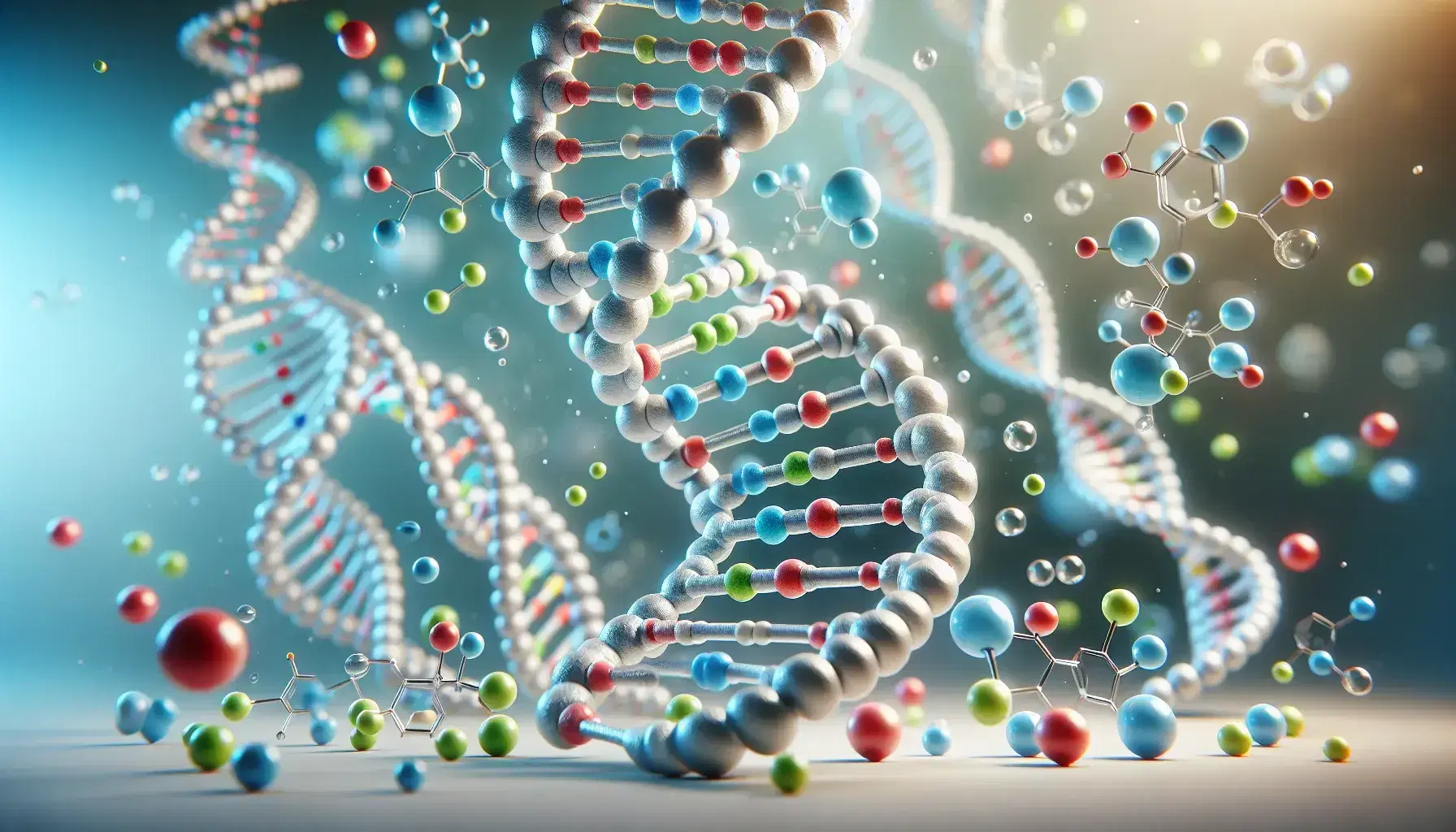 Estructura tridimensional de ADN en doble hélice con pares de bases en rojo, azul, verde y amarillo y moléculas adyacentes sobre fondo suave.