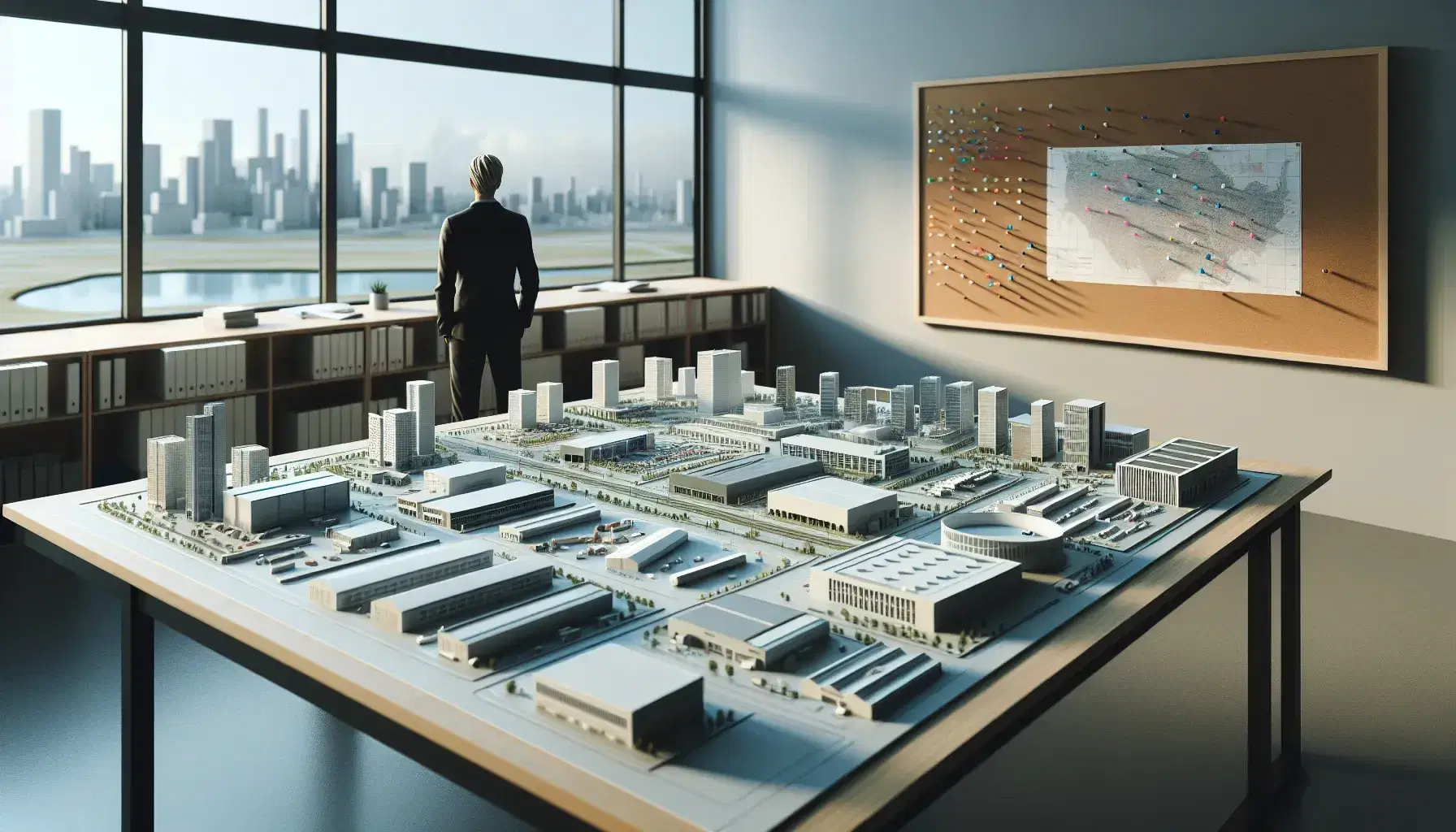 Mesa de trabajo en oficina iluminada naturalmente con maquetas arquitectónicas de edificios y complejos industriales, tablero de corcho con pines y persona de espaldas mirando por ventana.