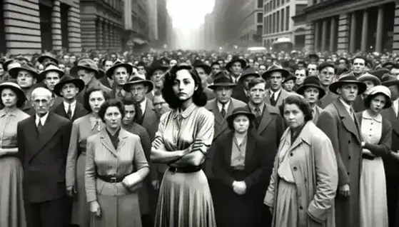 Black and white photograph of a historical protest with a Middle Eastern woman in the foreground, dressed in 1940s style, and a determined crowd of various ethnicities on a blurry city street.