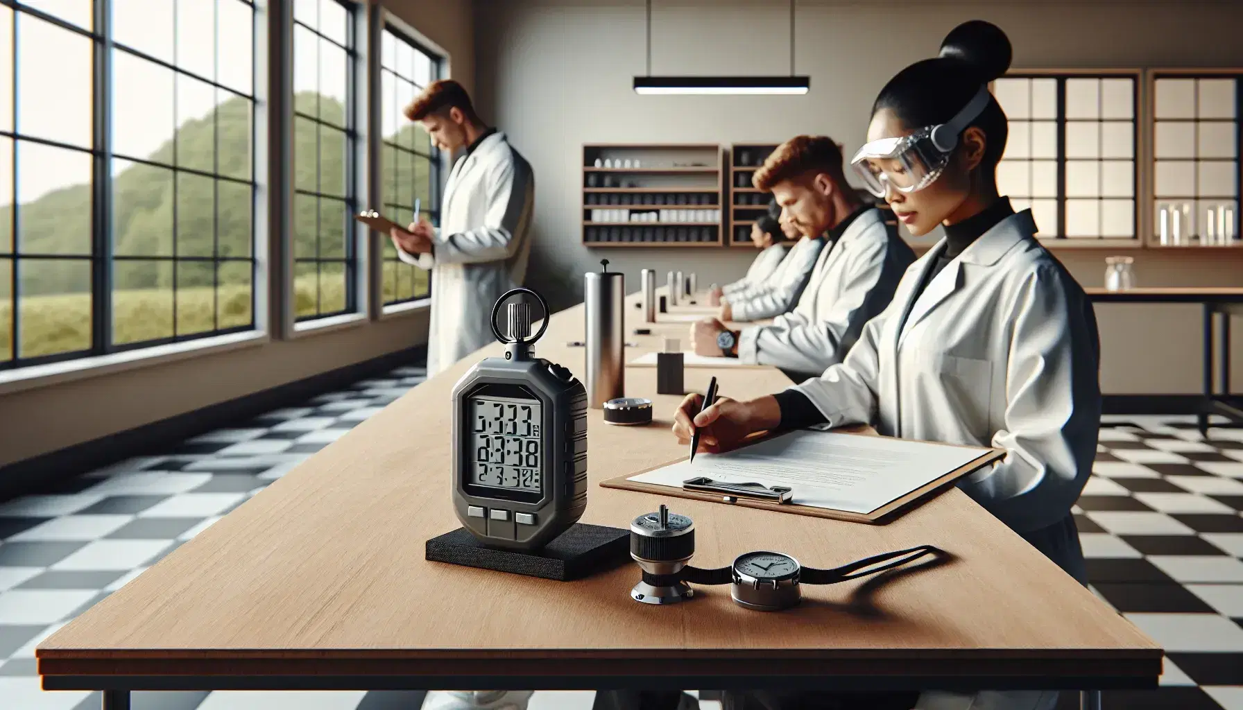 Laboratory setting with a wooden table holding a clipboard, stopwatch, safety goggles, and camera, with two scientists adjusting a timer in the background.