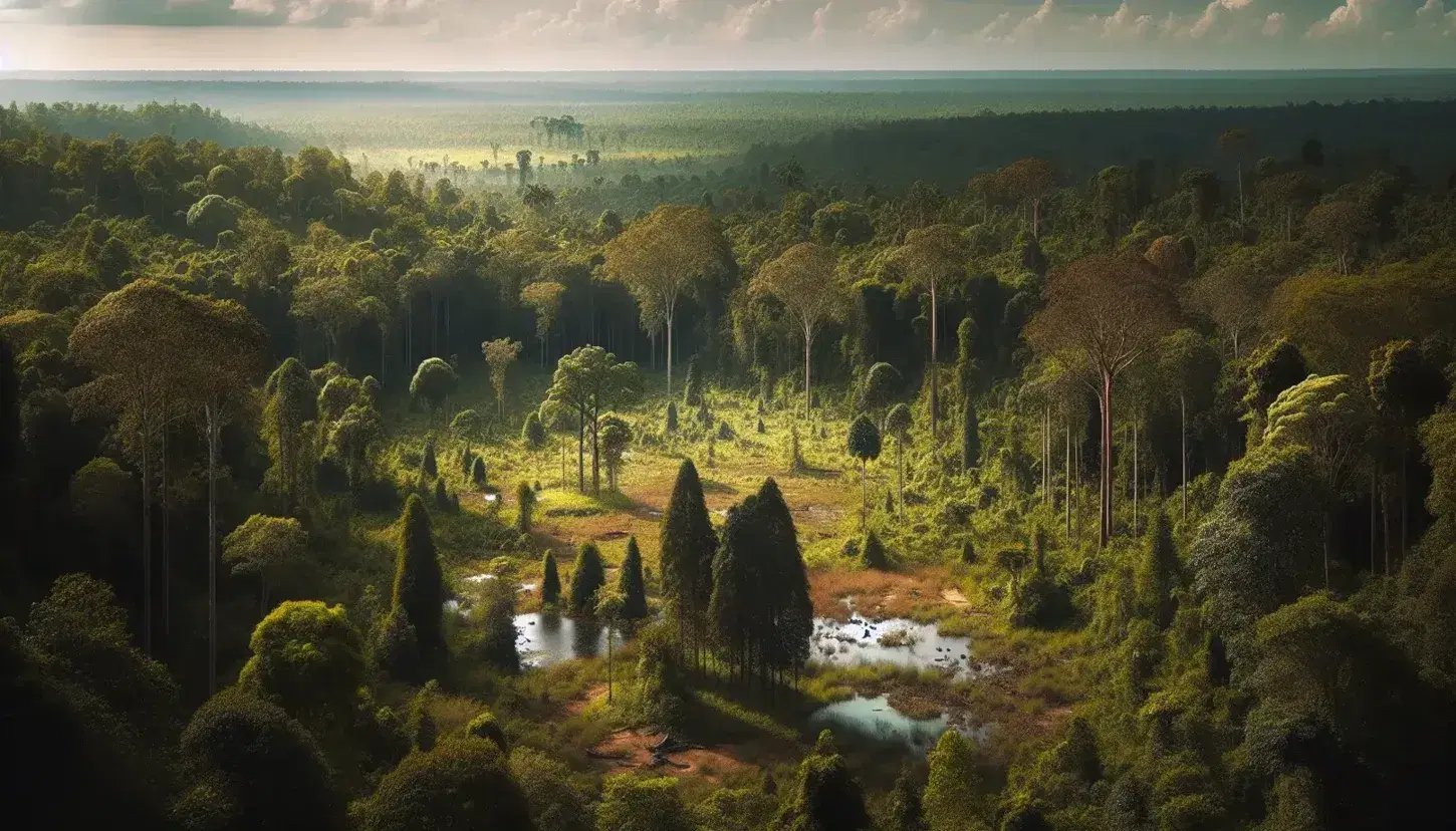Vista aérea de un bosque denso con variados tonos de verde y un claro con un lago reflejando el cielo azul, sin señales de presencia humana.