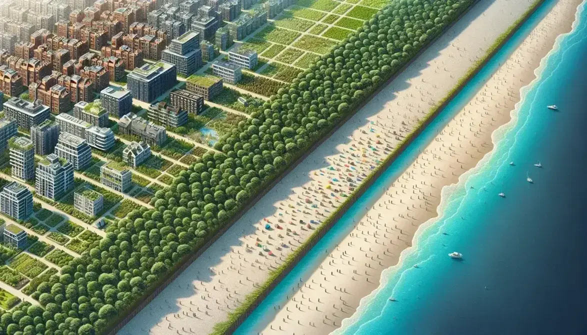 Vista aerea di una costa con spiaggia sabbiosa, zona verde naturale, città sostenibile e campi coltivati sotto un cielo sereno.