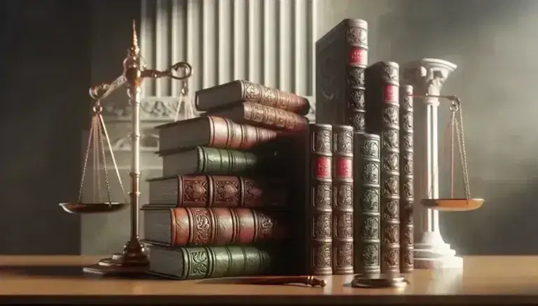 Colección de libros antiguos apilados en mesa de madera junto a balanza de justicia metálica y columna de mármol blanca, bajo luz suave que resalta texturas.