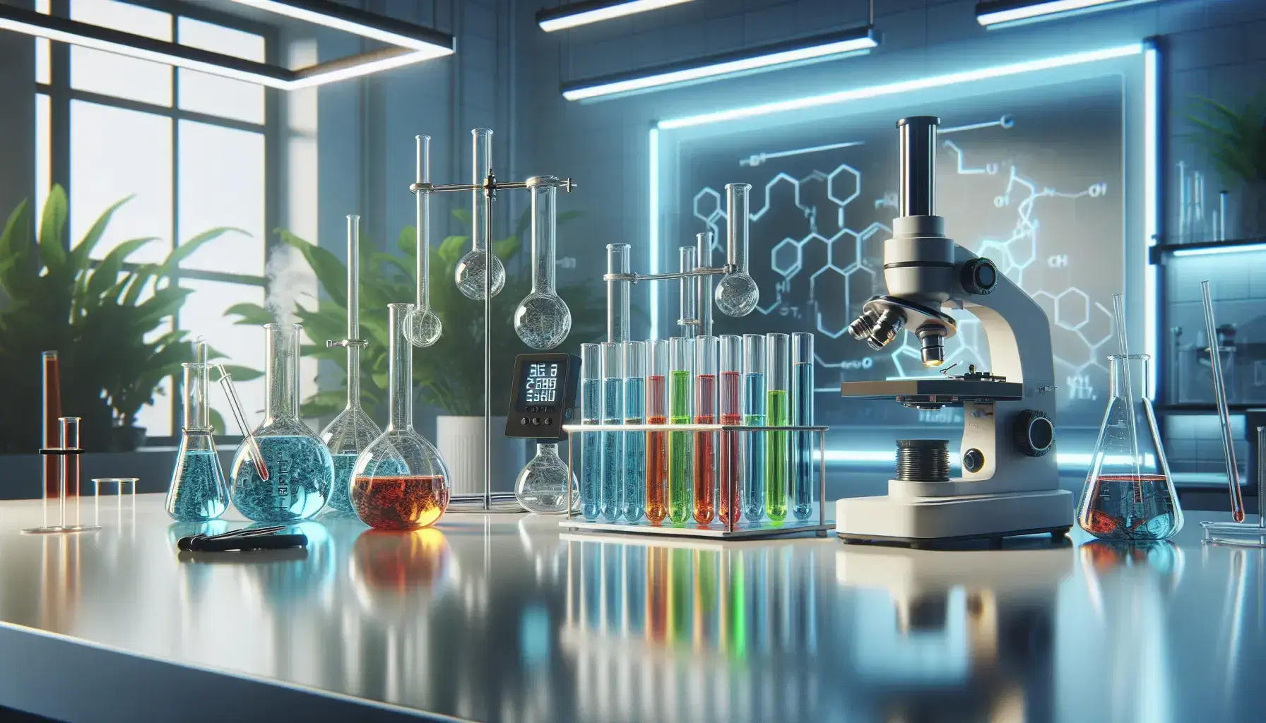 Laboratorio scientifico moderno con provette contenenti liquidi colorati, fiamma di Bunsen, microscopio metallico e pianta verde.