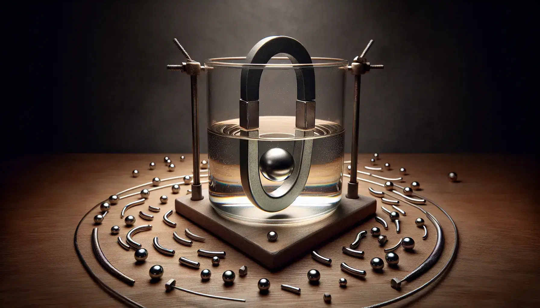 Classic physics experiment with a horseshoe magnet above a glass container holding an iron ball in clear liquid, surrounded by iron filings on a wooden table.